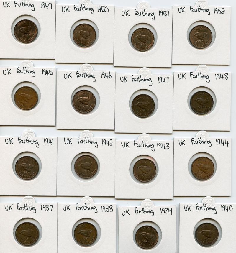 Complete Date Run of George VI Farthing Coins  1937-1952