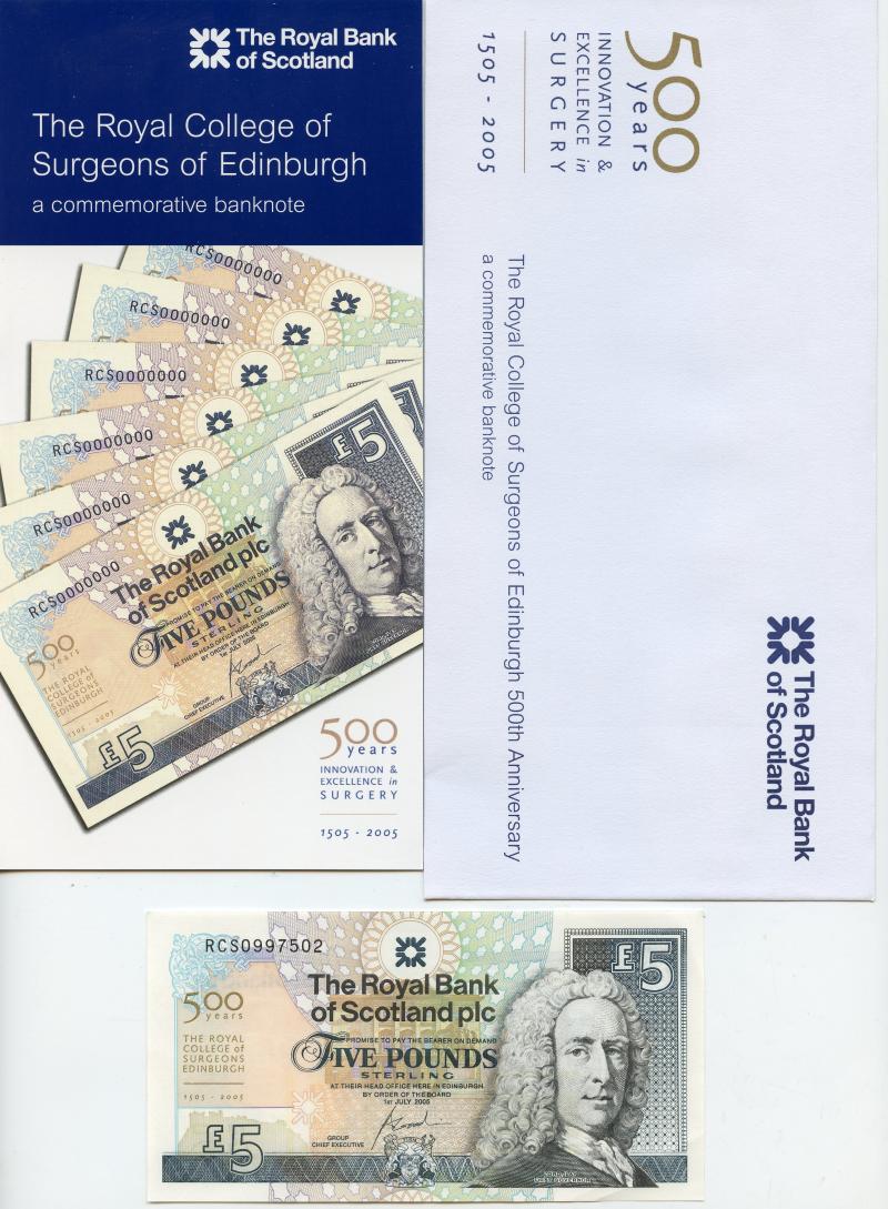 Royal Bank of Scotland £5 Five Pounds Notes The Royal College of Surgeons of Edinburgh 500 Years Commemorative