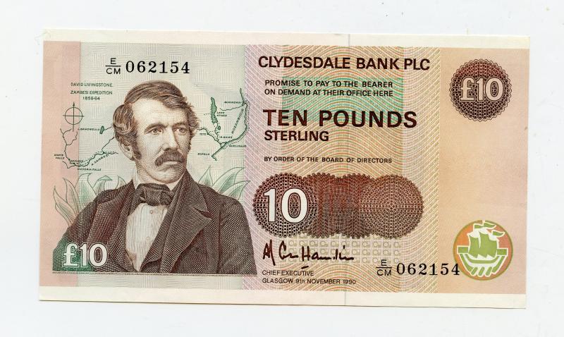 The Clydesdale Bank   £10 Ten Pounds Banknote Dated 9th November 1990