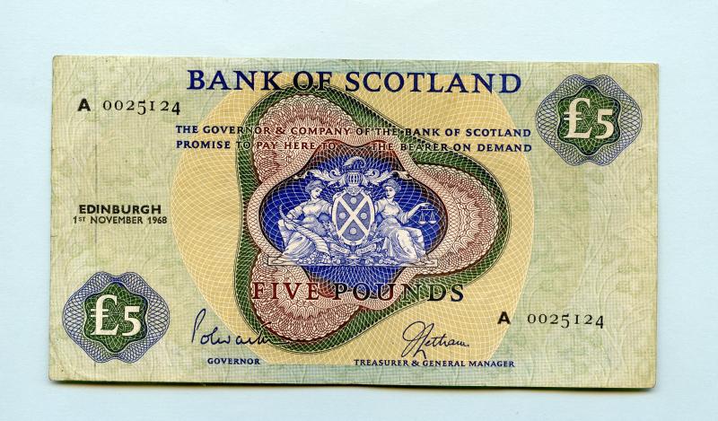 Bank of Scotland  £5 Five Pounds Note Dated 1st November 1968