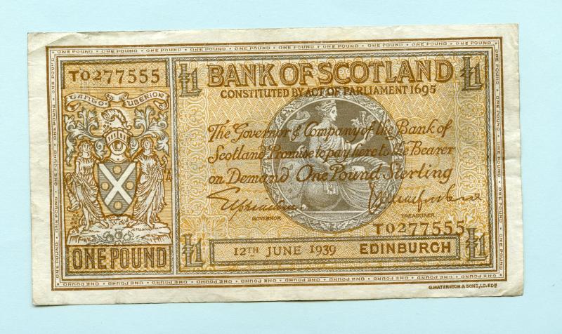 Bank of Scotland £1 One  Pound Note Dated 12th June 1939