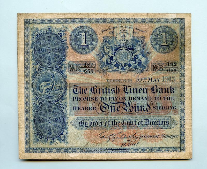 British Linen Bank £1 One Pound Banknote Dated 10th May 1915