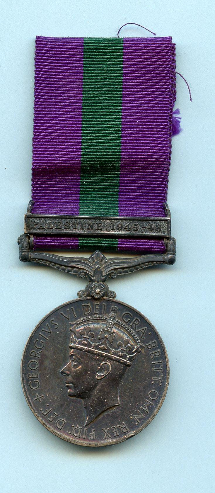 General Service Medal 1918-62 : 1 Clasp : Palestine 1945-48 To Pte J Ogden, Royal Warwickshire Regiment