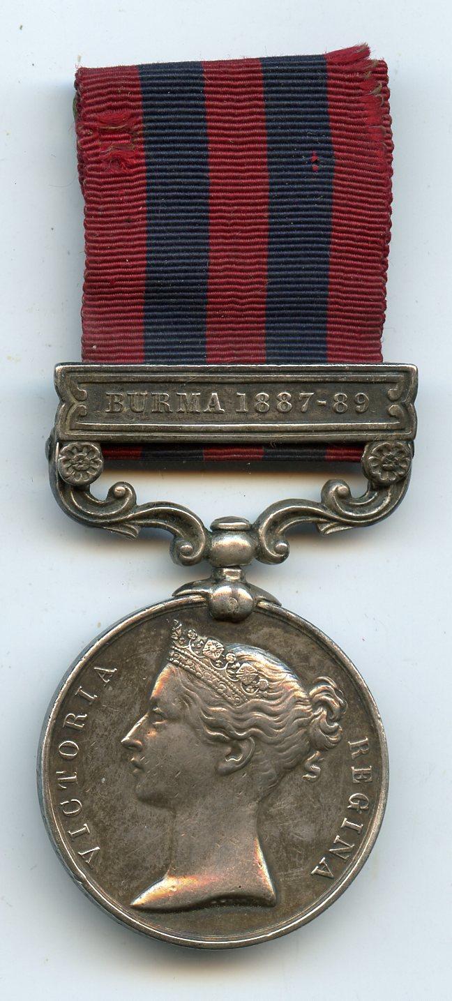 India General Service Medal 1854 1 Clasp  Burma 1887-89 To Pte  Edward James Edgar , Hampshire Regiment