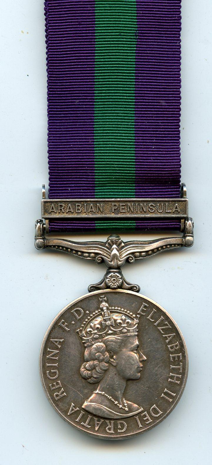 General Service Medal 1918-62 1 clasp Arabian Peninsula To Trooper F.A.H.Riches, Queens Own Hussars