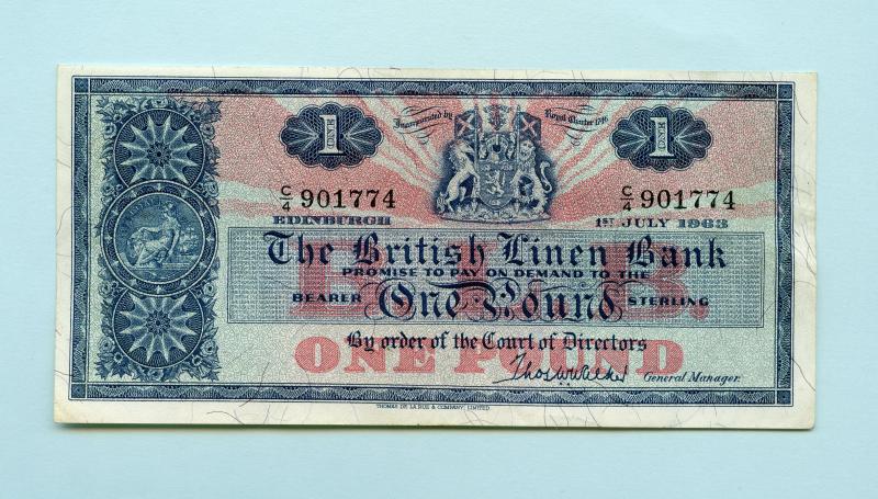 British Linen Bank £1  One Pound Banknote Dated 1st July 1963
