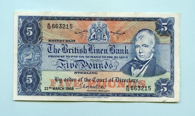 British Linen Bank  Five Pounds Banknote Dated 22nd March 1968