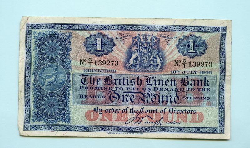 British Linen Bank  £1 One Pound Banknote Dated 18th of July 1940