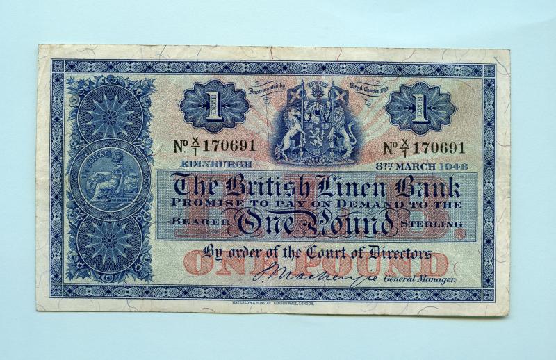 British Linen Bank  £1 One Pound Banknote Dated 8th March 1946