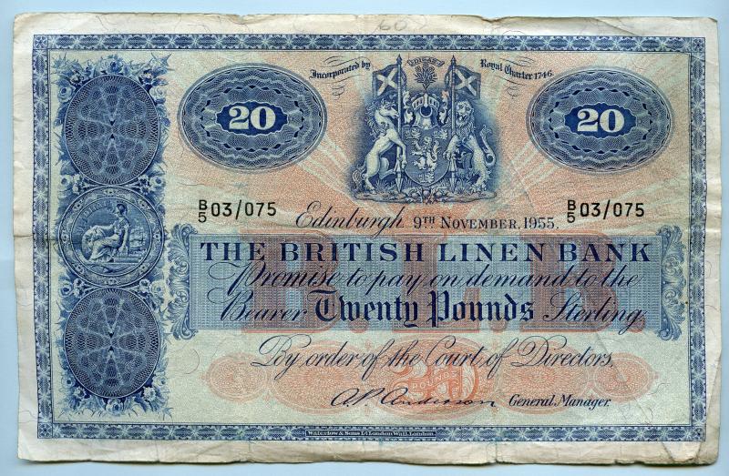 British Linen Bank £20 Twenty Pounds Banknote Dated  Edinburgh 9th November 1955