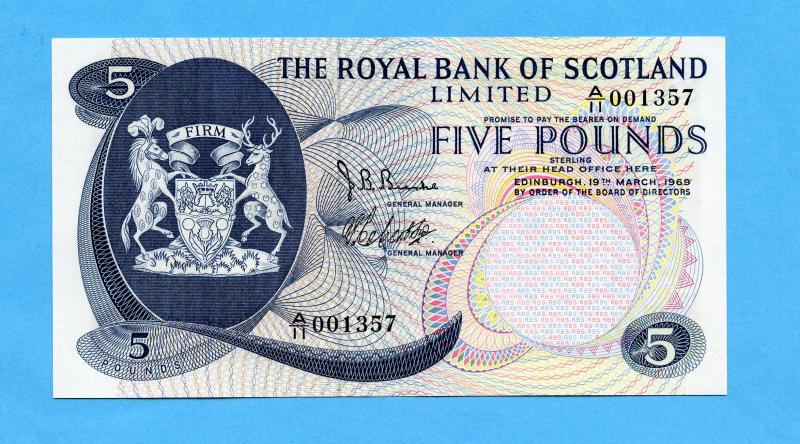 Royal Bank of Scotland £5 Five Pounds Note Dated 19th March 1969