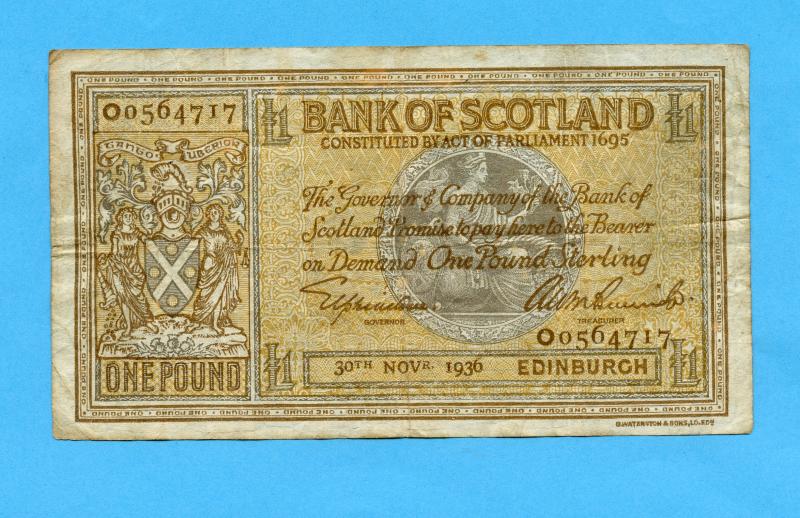 Bank of Scotland  £1 One  Pound Note Dated 30th November 1936