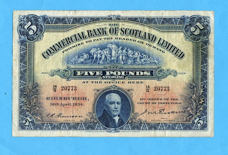 The Commercial Bank of Scotland  Five Pounds £5 Pounds Note Dated  Edinburgh 30th April  1934