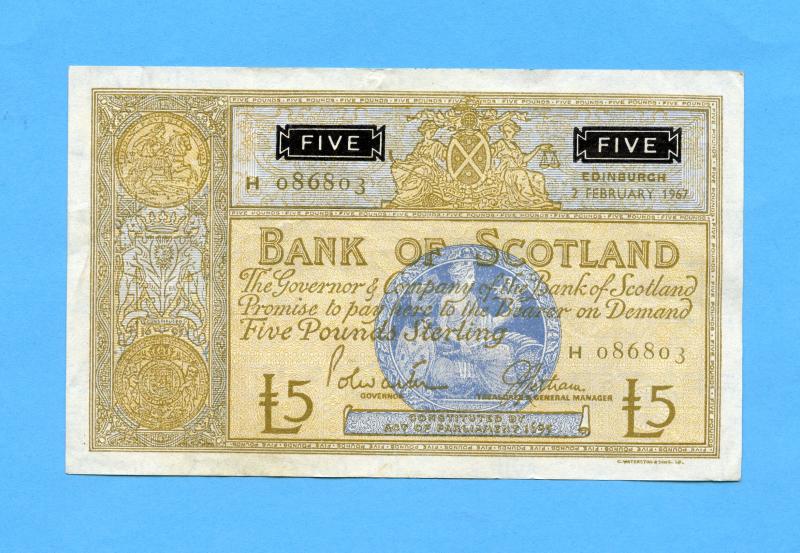 Bank of Scotland  £5 Five Pounds Note Dated 2nd February 1967