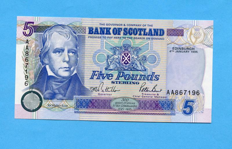 Bank of Scotland  £5 Five  Pounds Note Dated  4th January 1995