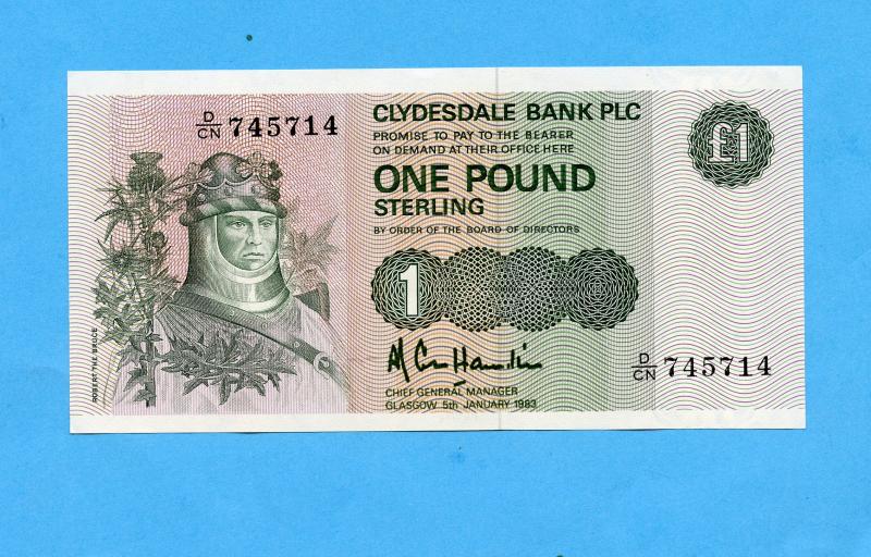 Clydesdale Bank   £1 One  Pound Note Dated 5th January  1983