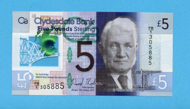 Clydesdale Bank  Forth Rail Bridge Commemorative  New Polymer Banknote Five £5 Dated 13th February 2015