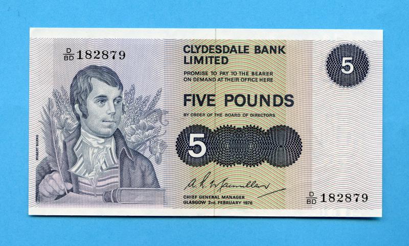 Clydesdale Bank  £5 Five Pounds Note Dated 2nd February 1976