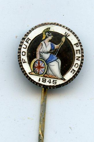 Enameled UK Fourpence Groat Coin Dated 1845