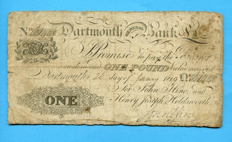 England Dartmouth General Bank £1 Note Dated 26th January 1819