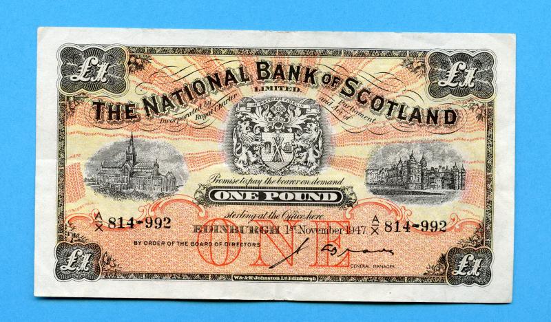 National  Bank of Scotland £1 Banknote Dated 1st November 1947