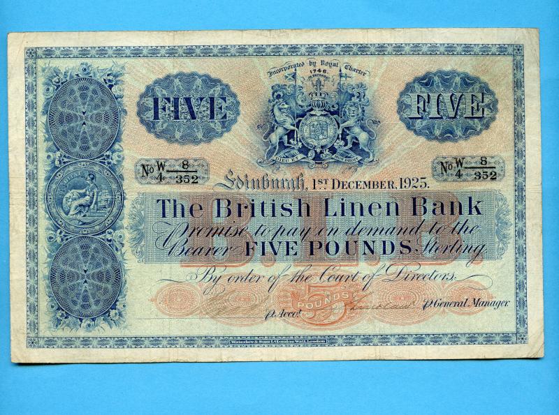 British Linen Bank  Five Pounds Banknote Dated 1st December 1925