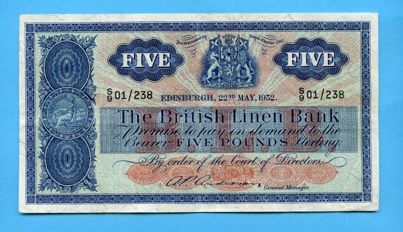 British Linen Bank Five Pounds Banknote Dated 22nd May 1952