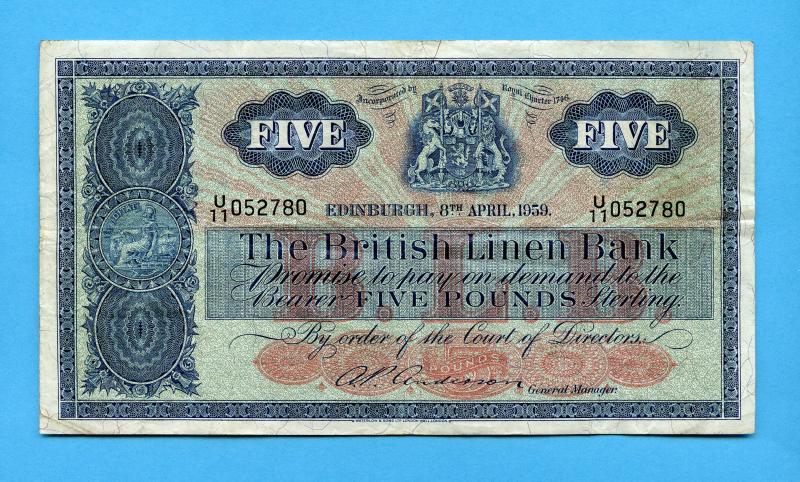 British Linen Bank Five Pounds Banknote Dated 8th April  1959