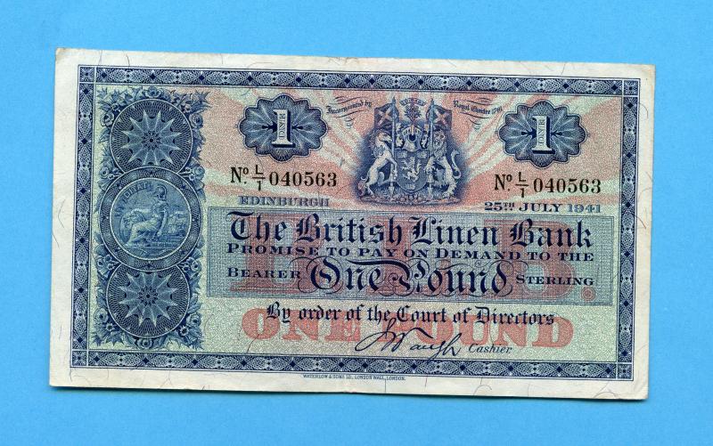 British Linen Bank £1 One Pound Banknote Dated 25th July 1941