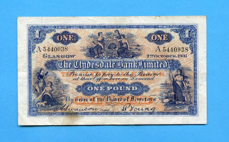 Clydesdale Bank  £1 One  Pound Note Dated 7th October 1931