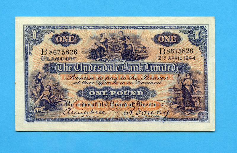 Clydesdale Bank   £1 One  Pound Note Dated 12TH April 1944