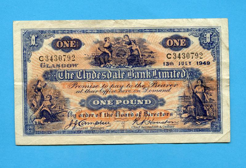 Clydesdale Bank   £1 One  Pound Note Dated 13th July 1949