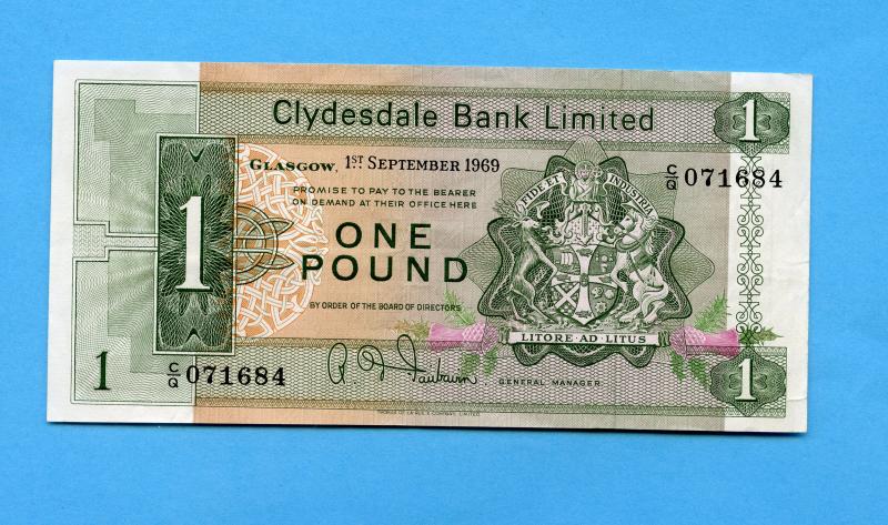 Clydesdale Bank  £1 One Pound Note Dated Glasgow 1st September 1969