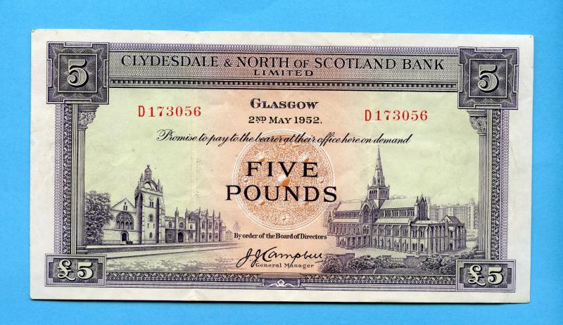 The Clydesdale Bank & North of Scotland Ltd  £5 Five Pound Banknote Dated 2nd May 1952