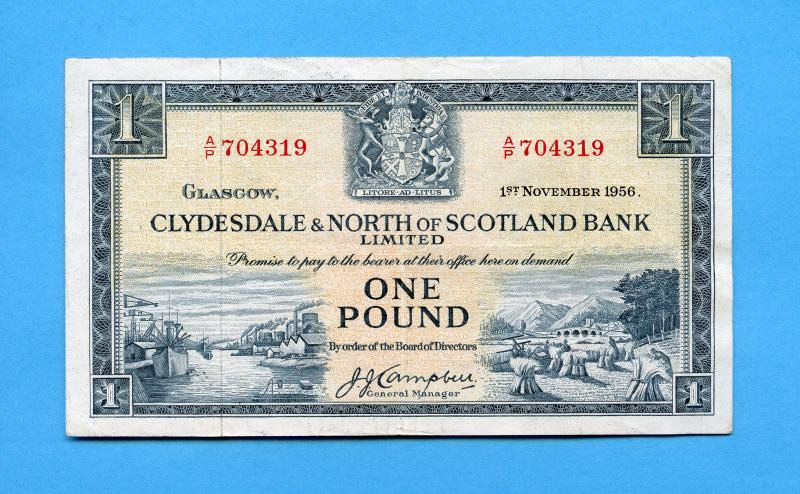 The Clydesdale Bank & North of Scotland Ltd  £1 One Pound Banknote Dated 1st November 1956