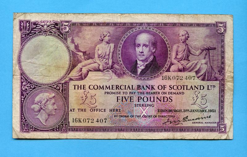 The Commercial Bank of Scotland  £5 Five Pounds Note Dated 3rd January 1951