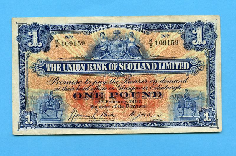 The Union Bank of Scotland £1 One Pound Banknote Dated 12th February 1937