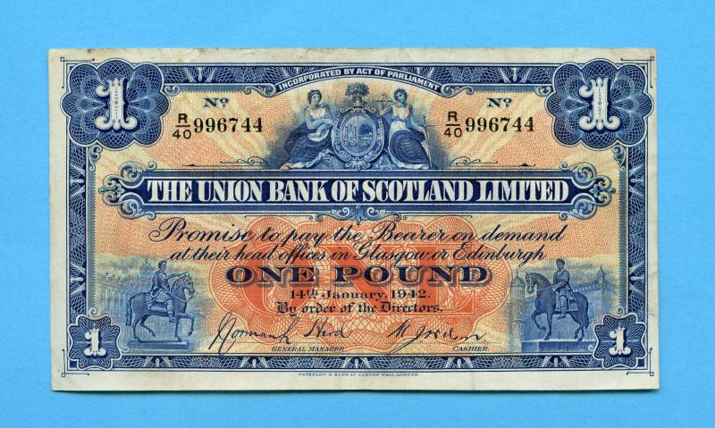 The Union Bank of Scotland £1 One Pound Banknote Dated 14th January 1942