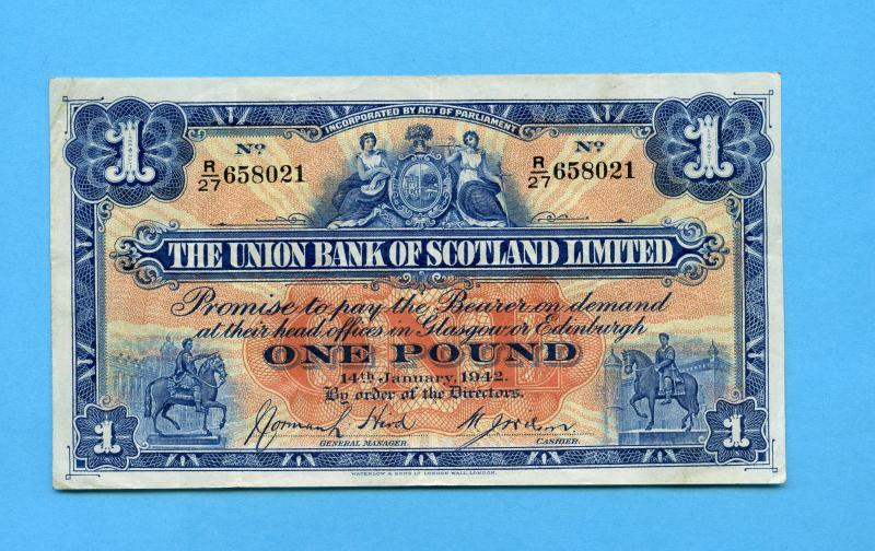 The Union Bank of Scotland £1 One Pound Banknote Dated 14th January 1942