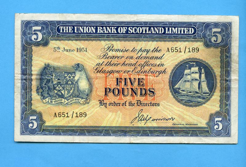 The Union Bank of Scotland £5 Five Pounds Banknote Dated 5th June 1951