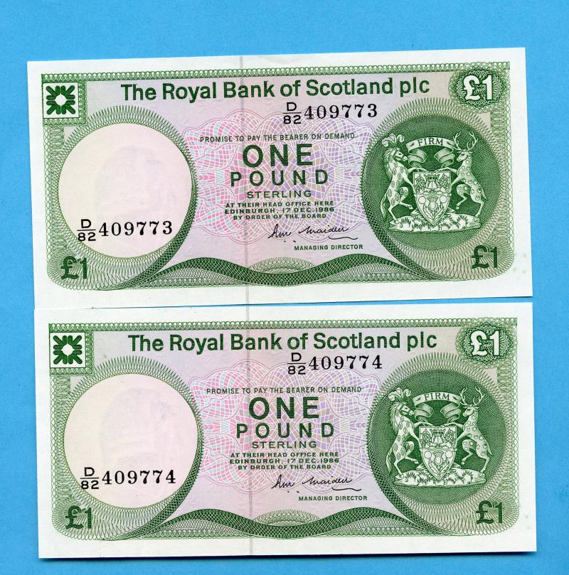 Royal Bank of Scotland  Pair of £1 One Pound Notes Dated 1st May 1986