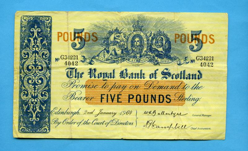 Royal Bank of Scotland   £5 Five Pounds Note Dated 2nd January 1964