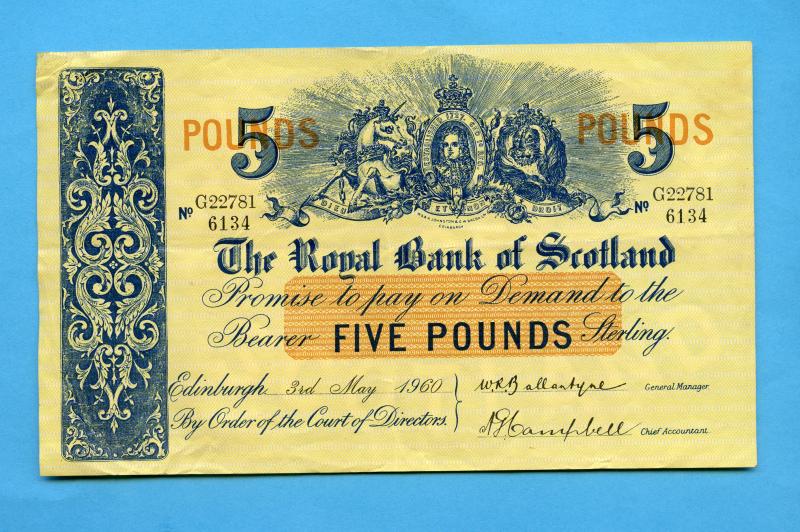 Royal Bank of Scotland   £5 Five Pounds Note Dated 3rd May 1960