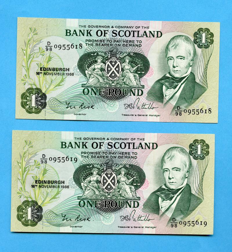 Pair of Bank of Scotland £1 One Pound Notes Dated 18th November 1986