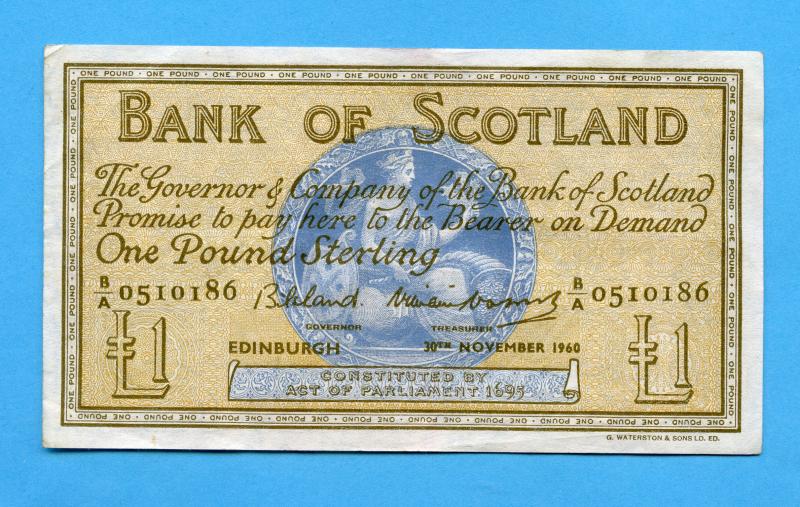 Bank of Scotland £1 One  Pound Note Dated 30th  November 1960