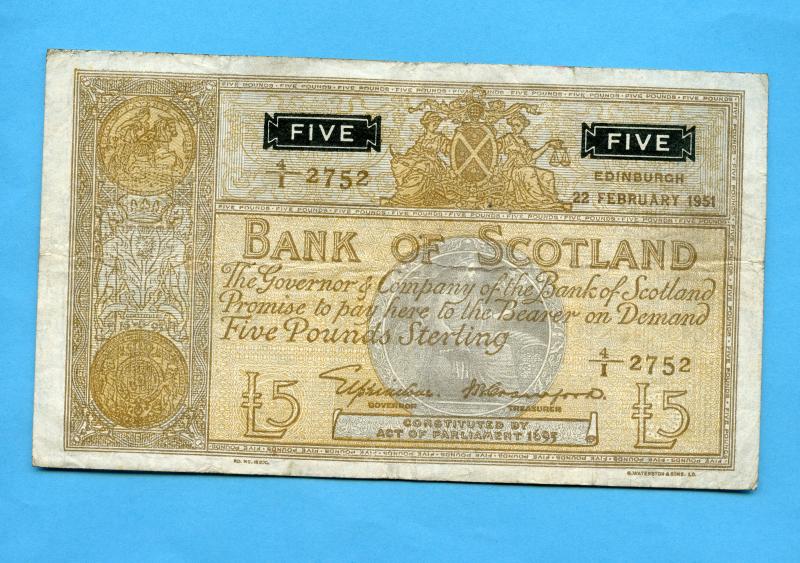 Bank of Scotland £5 Five Pounds Note Dated 22nd February 1951