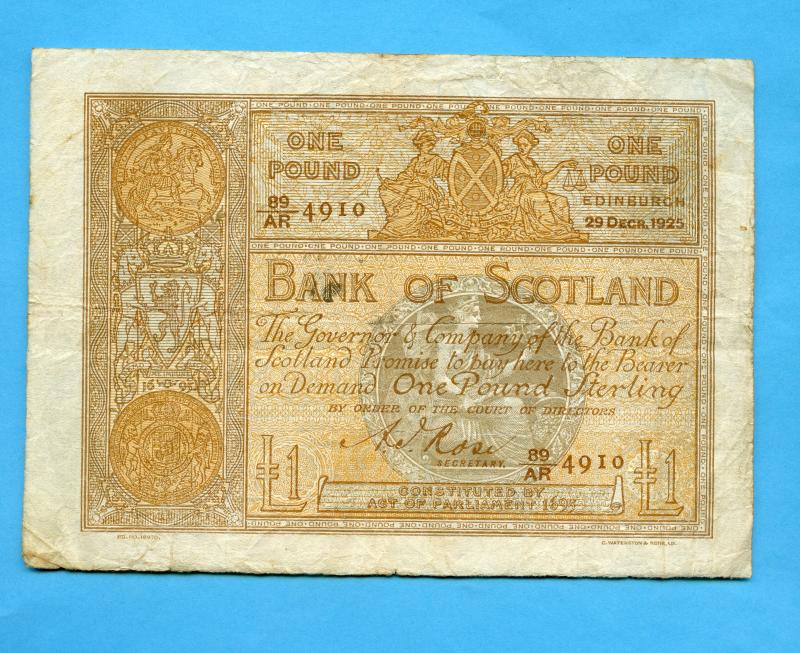 Bank of Scotland  £1 One  Pound Note Dated 29th December 1925