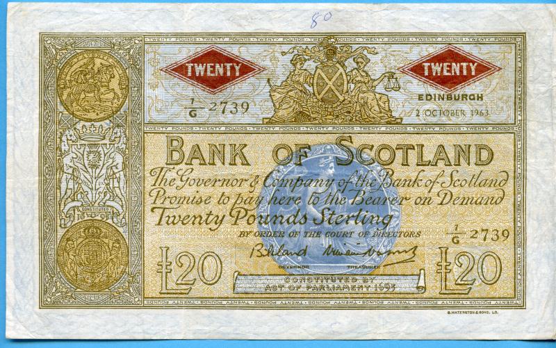 Bank of Scotland £20 Twenty Pounds Note Dated 2nd October 1963