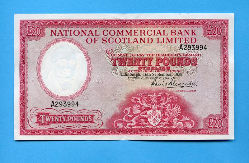 National Commercial Bank of Scotland  £20  Twenty Pounds Banknote Dated Edinburgh 16th September 1959