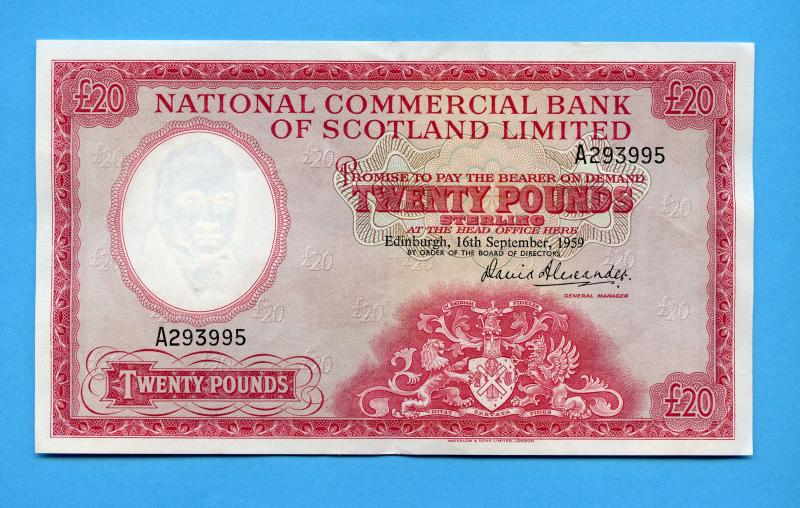 National Commercial Bank of Scotland  £20  Twenty Pounds Banknote Dated 16th September 1959